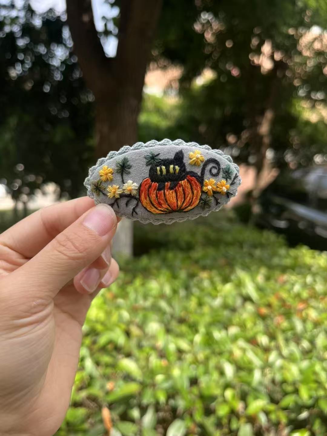 halloween cat embroidery hair clip