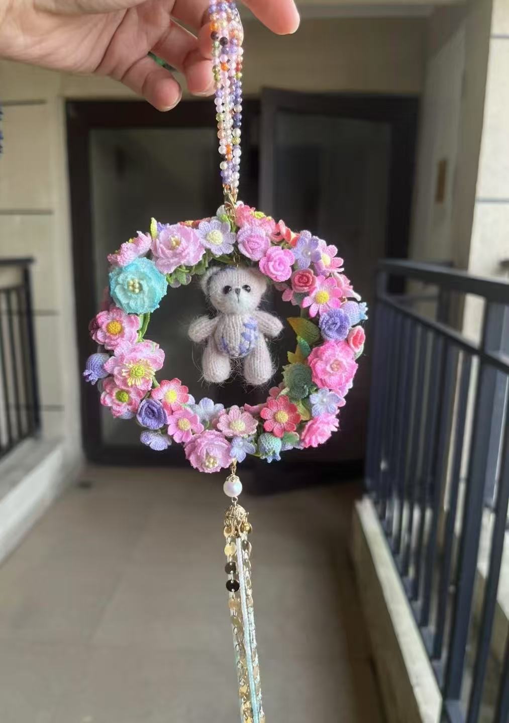 Micro crochet car ornament with embroidery bear(super heavy craft)preorder