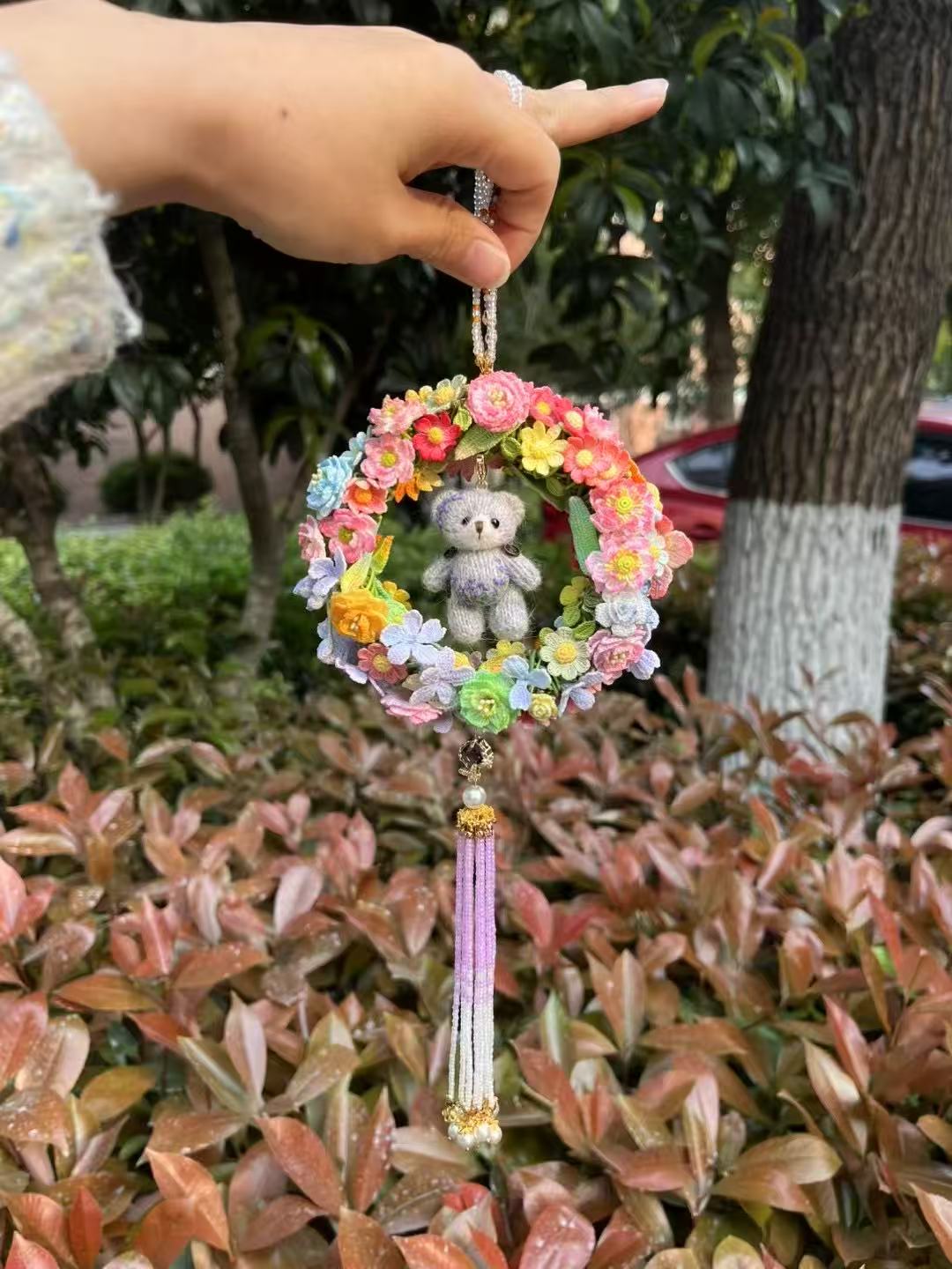 Micro crochet car ornament with embroidery bear(super heavy craft)preorder