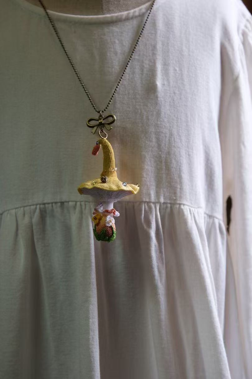 Micro crochet witch mushroom brooch/necklace chain